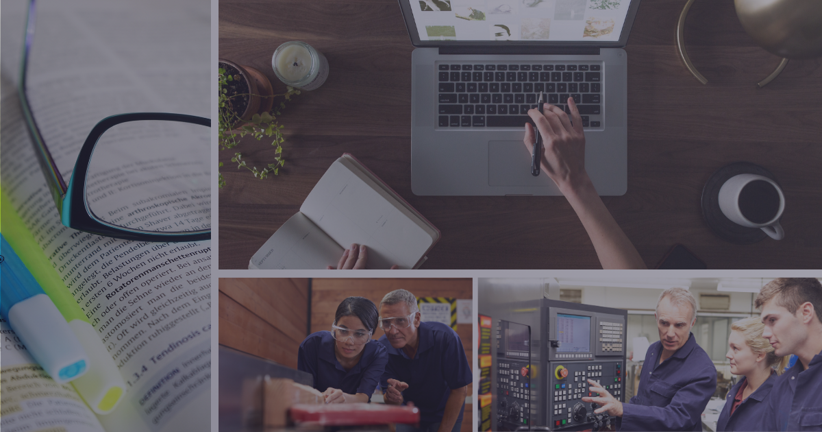 A montage of 4 images. A pair of glasses and pens sitting on a book. A hand touching a laptop keyboard. A female student measuring a piece of timber with an older male instructing. An older male instructing male and female students with an industrial computer