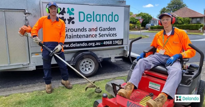 Delando Grounds and Garden Maintenance Services participants operating a ride-on mower and line trimmer.