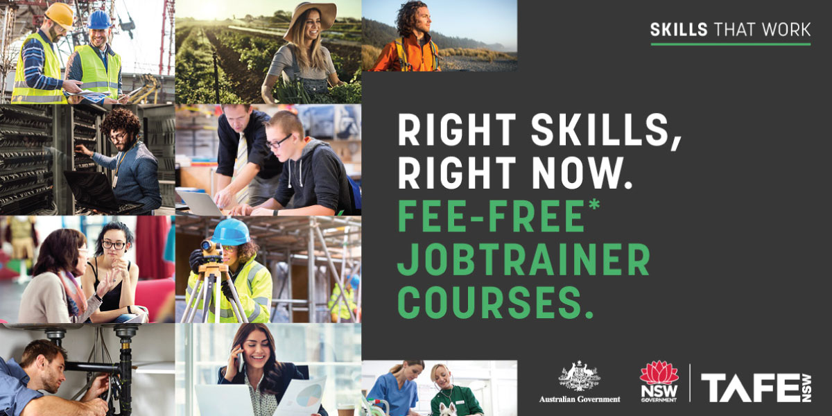 Tafe Job Trainer banner. Text reads Right Skills, Right now. Fee-free Jobtrainer courses