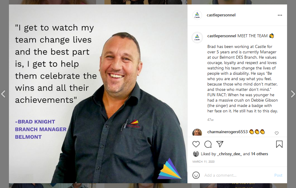 Screenshot of a social media post. A man in a company logo black shirt smiling. Text next to him with a quote, and the social media caption giving some background on his story.