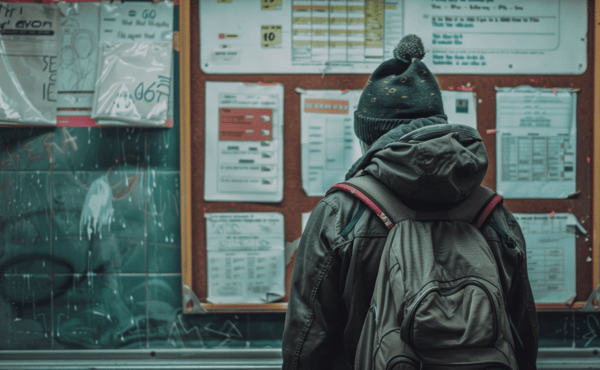 A person wearing a jacket, beanie and backpack is facing a cork noticeboard displaying various pieces of paper. The wall beside is paint and graffiti covered tile.