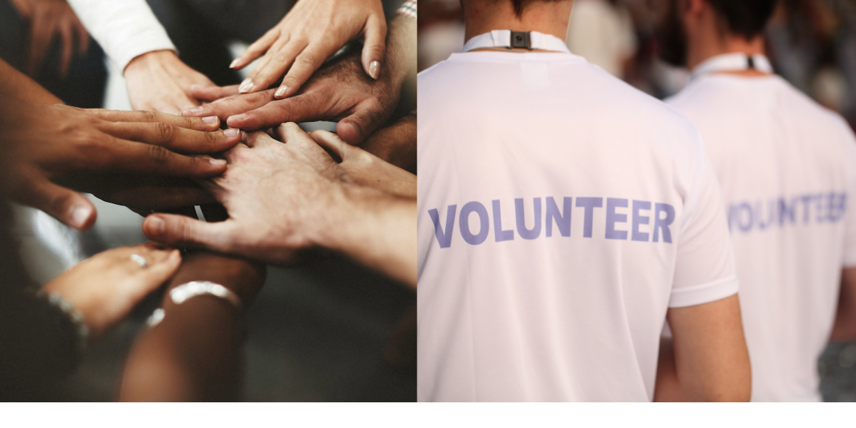 An image collage made up of a close-up of lots of hands coming together in the middle, and two people with their backs to the camera wearing white t-shirts with the word volunteer on them